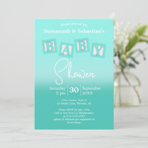 Fun Teal Ombre BABY Blocks Shower Invitation Zazzle