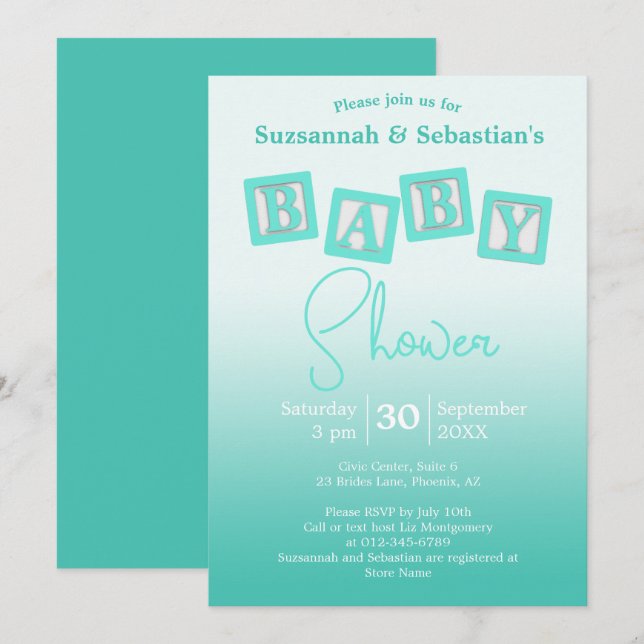 Fun Teal Ombre BABY Blocks Shower Invitation (Front/Back)