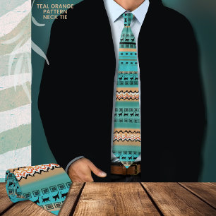 Fun Teal Orange Cats Pattern Neck Tie