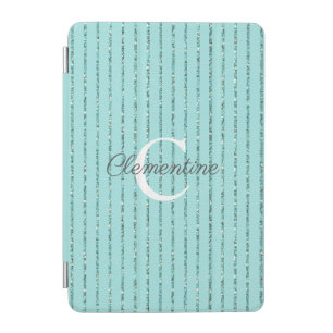 Fun Teal Turquoise Blue Glitter Stripes Monogram iPad Mini Cover