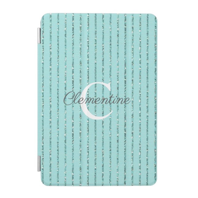 Fun Teal Turquoise Blue Glitter Stripes Monogram iPad Mini Cover (Front)