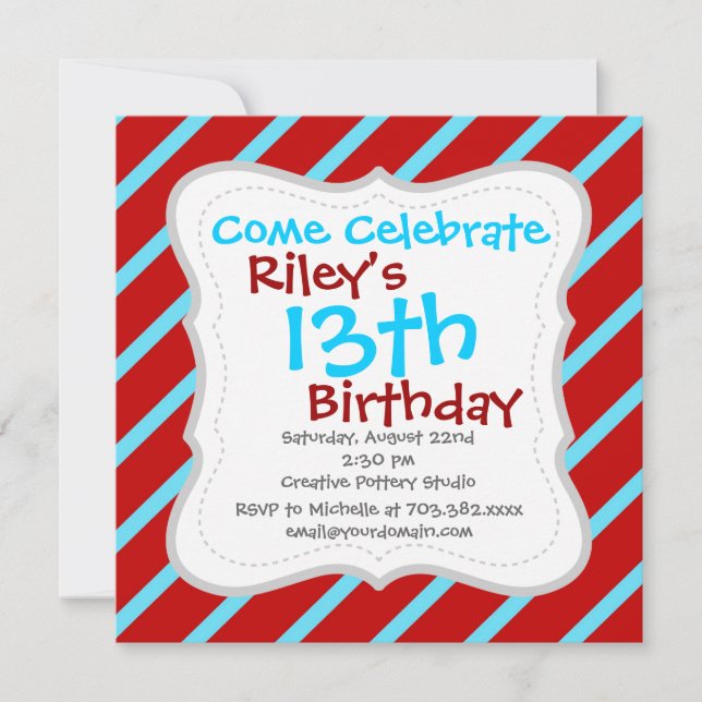 Fun Teal Turquoise Red Diagonal Stripes Gifts Invitation (Front)