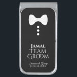 Fun Team Groom White Tie Tuxedo Wedding Silver Finish Money Clip<br><div class="desc">These fun money clips are designed specially for groomsmen, the best man, family, or other members of the wedding party. They feature a fun design of a white bow tie with three white buttons over a black background, resembling a tuxedo. The text reads "Team Groom" and has a place to...</div>