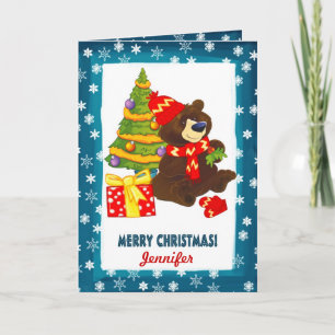 Fun Teddy Bear   Custom Name Christmas  Holiday Card