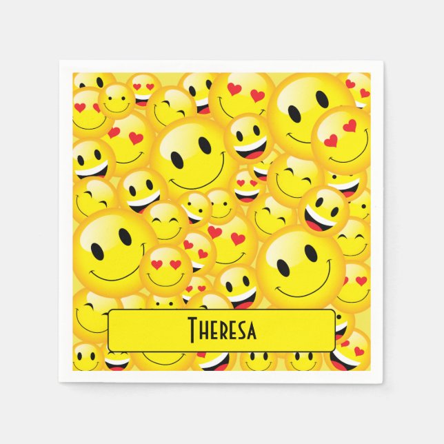 Fun Teenager Yellow Smiling Faces Emoji Party Napkins (Front)