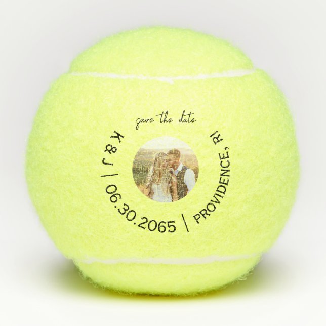 Fun Tennis Photo Wedding Save the Date Balls (Front)