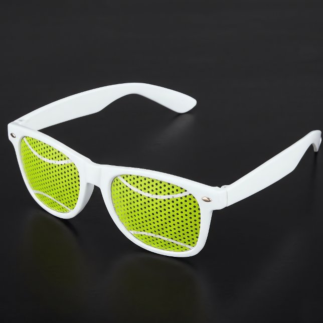 Fun Tennis Player Party Shades Sunglasses (Tennis ball sunglasses on black table. Great for tennis parties and events!)