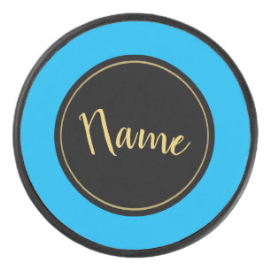 Fun Text Black Round Center Sky Blue Rim Stripes Hockey Puck