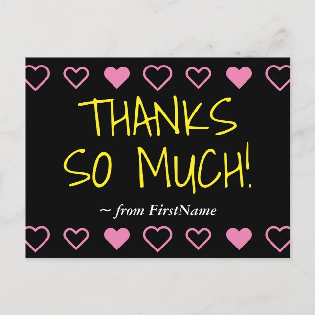 Fun "THANKS SO MUCH!" + Hearts Postcard (Front)