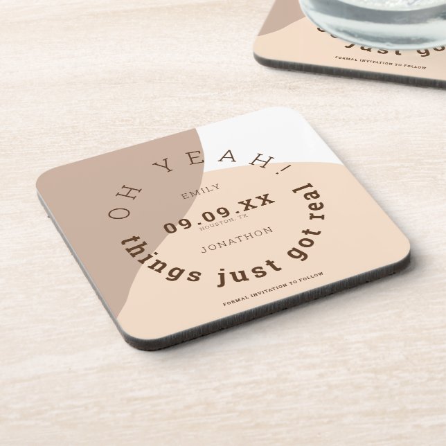 Fun Things Got Real Cream Brown Save The Date Beverage Coaster (Left Side)