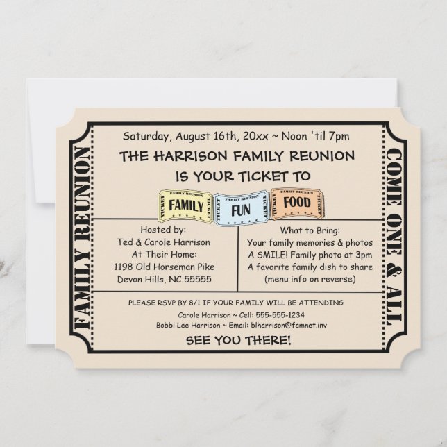Fun Ticket Cut Family Reunion Invitation (Front)