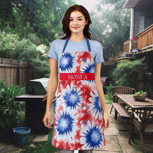 Fun Tie Dye Pattern Monogram red white blue Apron