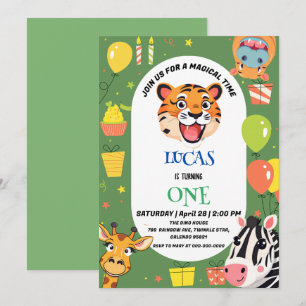 Fun tiger Zebra Hippo safari zoo Wild Birthday Invitation
