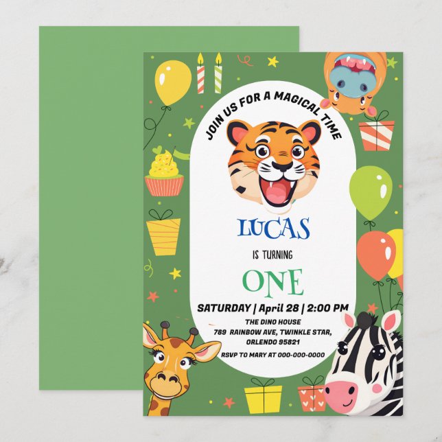 Fun tiger Zebra Hippo safari zoo Wild Birthday Save The Date (Front/Back)