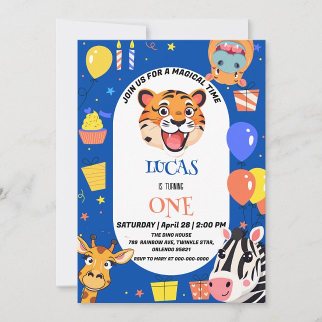 Fun tiger Zebra Hippo safari zoo Wild Birthday Thank You Card (Front)