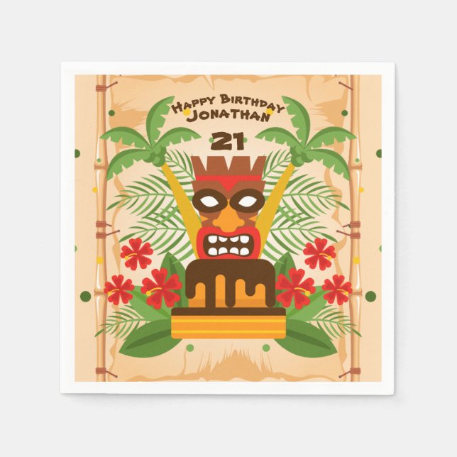 Fun Tiki Bar Birthday Party Cake & Palm Tree Retro Napkins (Front)