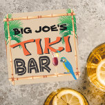 Fun Tiki Bar with custom name Beverage Coaster<br><div class="desc">Add your own custom name to this fun Tiki Bar design by changing the "Big Joe's" text. The art includes a bamboo frame,  palm trees,  parrot,  and tropical tiki drink. Great for home bar,  beach house,  or outdoor entertaining area.</div>