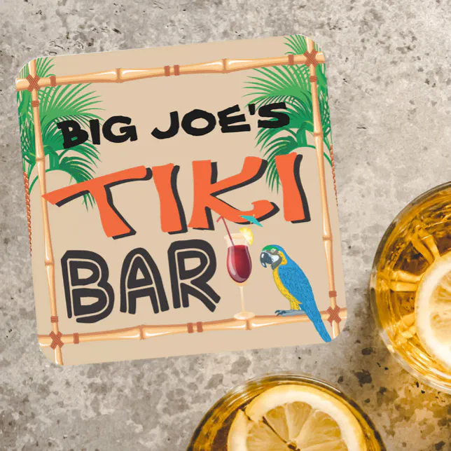 Fun Tiki Bar with custom name Beverage Coaster Zazzle