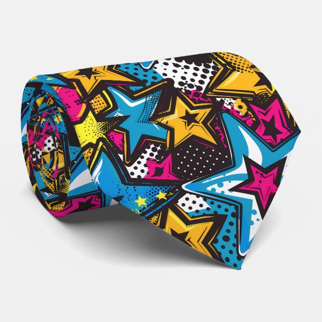 Fun tiled comic pop pattern neck tie (Rolled)