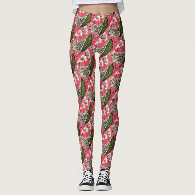 Fun tiled floral based on milkweed pods leggings (Front)