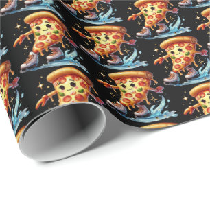 Fun tiled ice skating pizza party wrapping paper