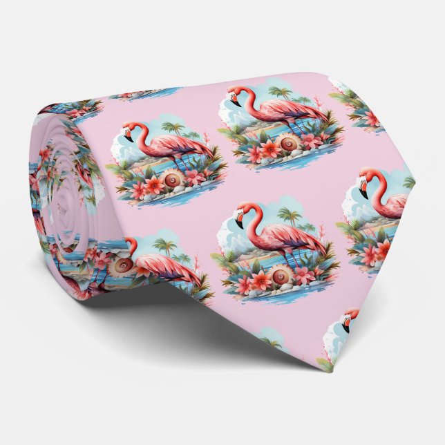 Fun tiled pink flamingo pattern  neck tie (Rolled)