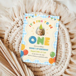 Fun to Be One 1st Birthday Photo Blue Gingham  Invitation