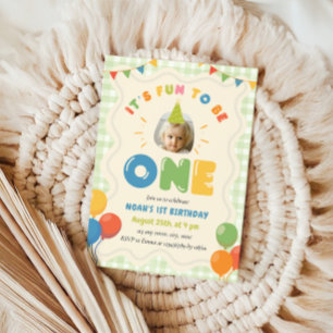 Fun to Be One 1st Birthday Photo Green Gingham Invitation
