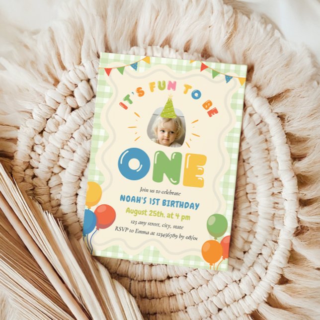 Fun to Be One 1st Birthday Photo Green Gingham  Invitation (It's fun to be one 1st birthday invite, colorful birthday, green gingham, photo)