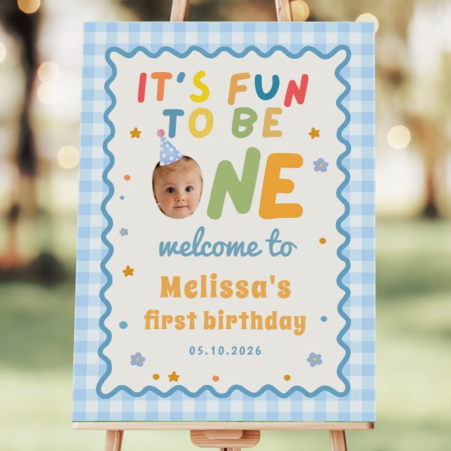 Fun To Be One Blue Gingham 1st Birthday Welcome Foam Board (Creator Uploaded)