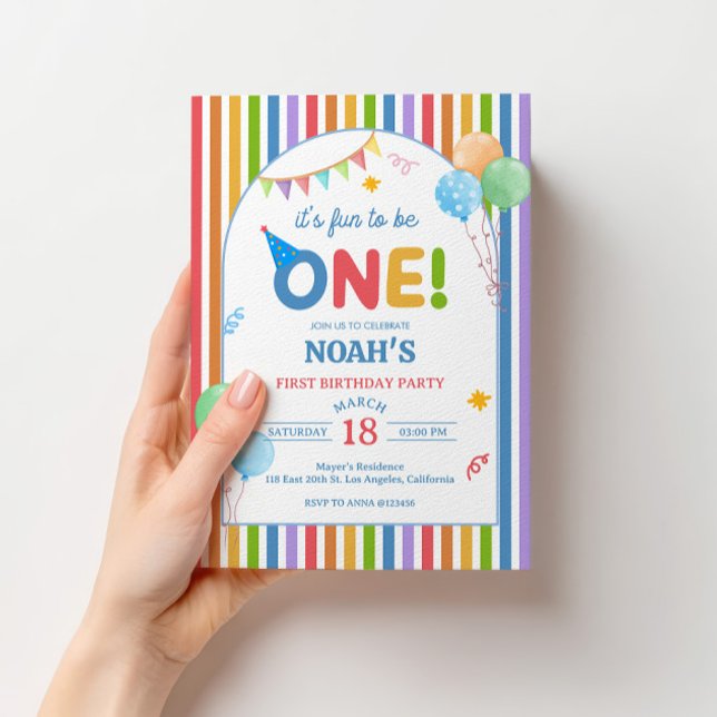 Fun to Be One Boy 1st Birthday Invitation (Fun to Be One colorful birthday invitation for a cheerful boy first birthday party. 🎉🎂)