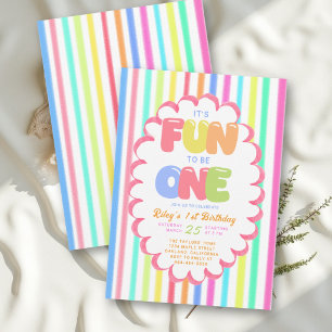 Fun to Be One Bubble Rainbow Stripe 1st Birthday Invitation