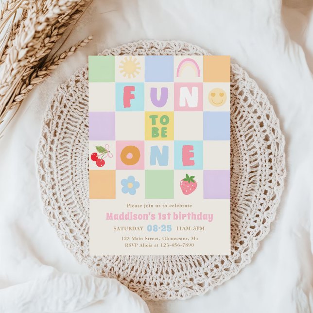 Fun to be One Colorful Gingham 1st Birthday Invitation (Creator Uploaded)