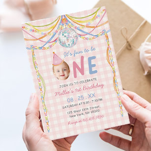 Fun to be One Colorful Photo Girl 1st Birthday Invitation