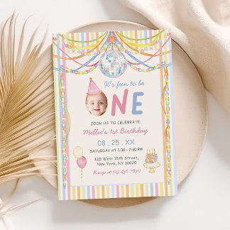 Fun to be One Colorful Photo Girl 1st Birthday Invitation