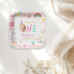 Fun to be One Colorful Photo Girl 1st Birthday Paper Plates