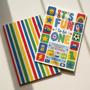 Fun to Be One: Colorful Rainbow Boy 1st Birthday Invitation