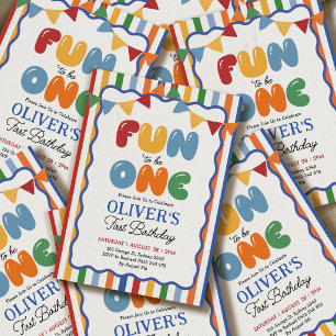Fun to Be One: Festive Striped 1st Birthday Boy Invitation