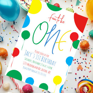 Fun to be one first Birthday Dots Balloons Invitation