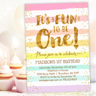 Fun to Be One Girls 1st Birthday Rainbow Gold Invitation