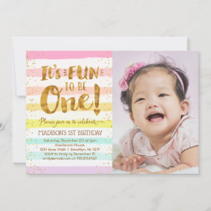 Fun to Be One Girls 1st Birthday Rainbow Photo Invitation