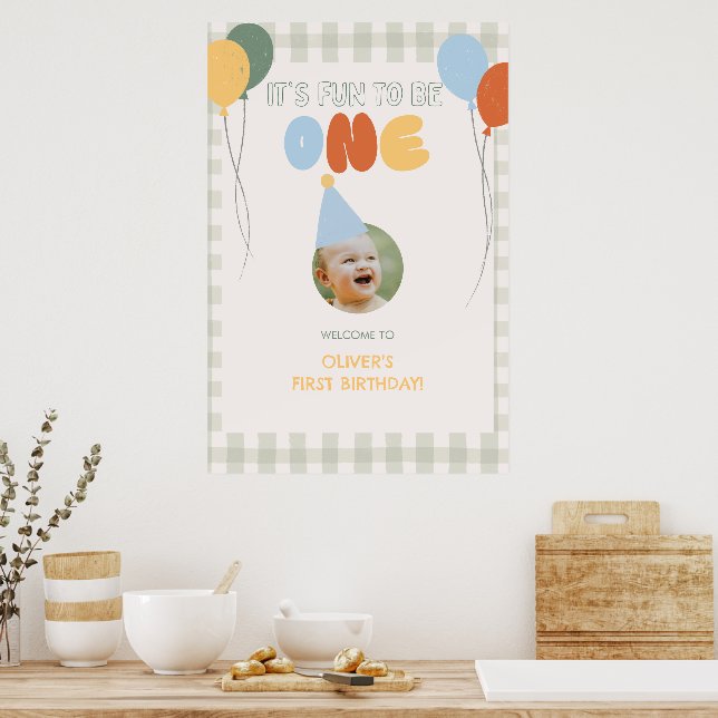 Fun to be ONE Green Gingham 1st Birthday Welcome Poster (Kitchen)