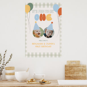 Fun to be ONE Green Gingham 1st Birthday Welcome Poster