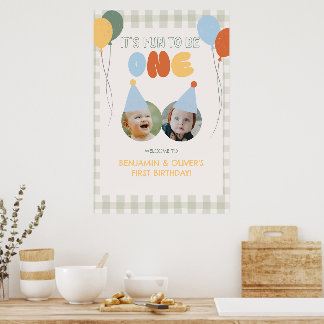 Fun to be ONE Green Gingham 1st Birthday Welcome Poster