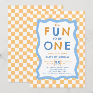 Fun to Be One Orange Checkerboard Boy 1st Birthday Invitation