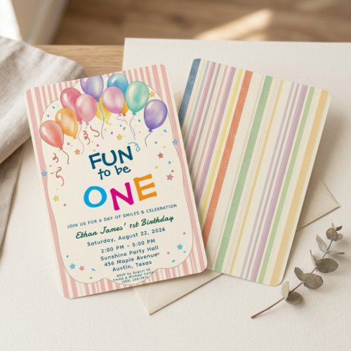 Fun to Be One Pastel Balloons 1st Birthday Invitation