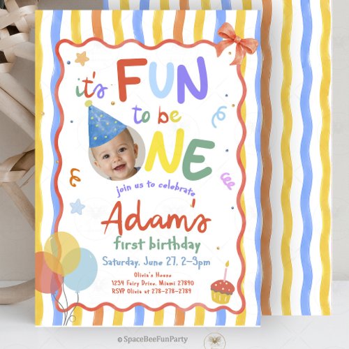 Fun To Be One Photo 1st Birthday Boy Invitation