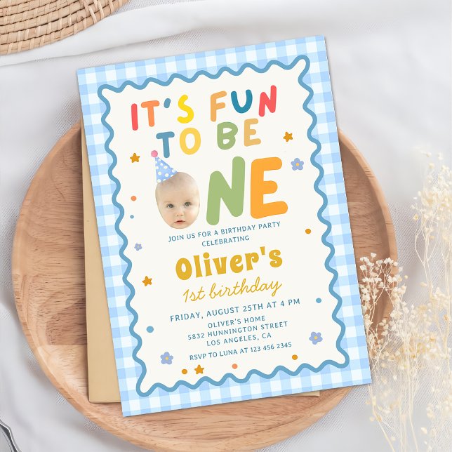 Fun To Be One Photo Blue Gingham 1st Birthday Invitation (Creator Uploaded)