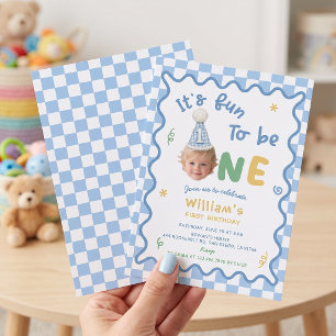 Fun To Be One Photo Boy 1st Birthday Invitation