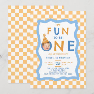 Fun to Be One Photo Checkerboard Boy 1st Birthday Invitation
